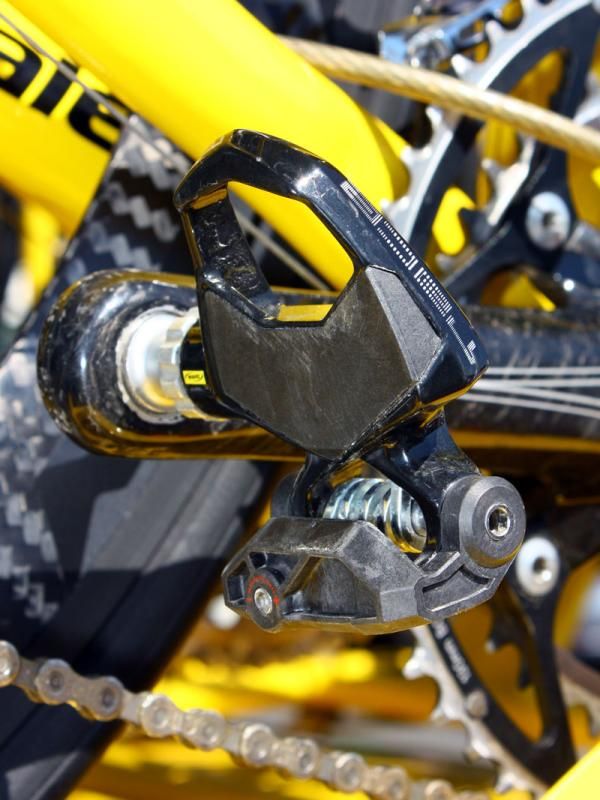 This Mavic neutral spare bike has its own pedals installed but others have toe clips to accommodate any rider's shoes.