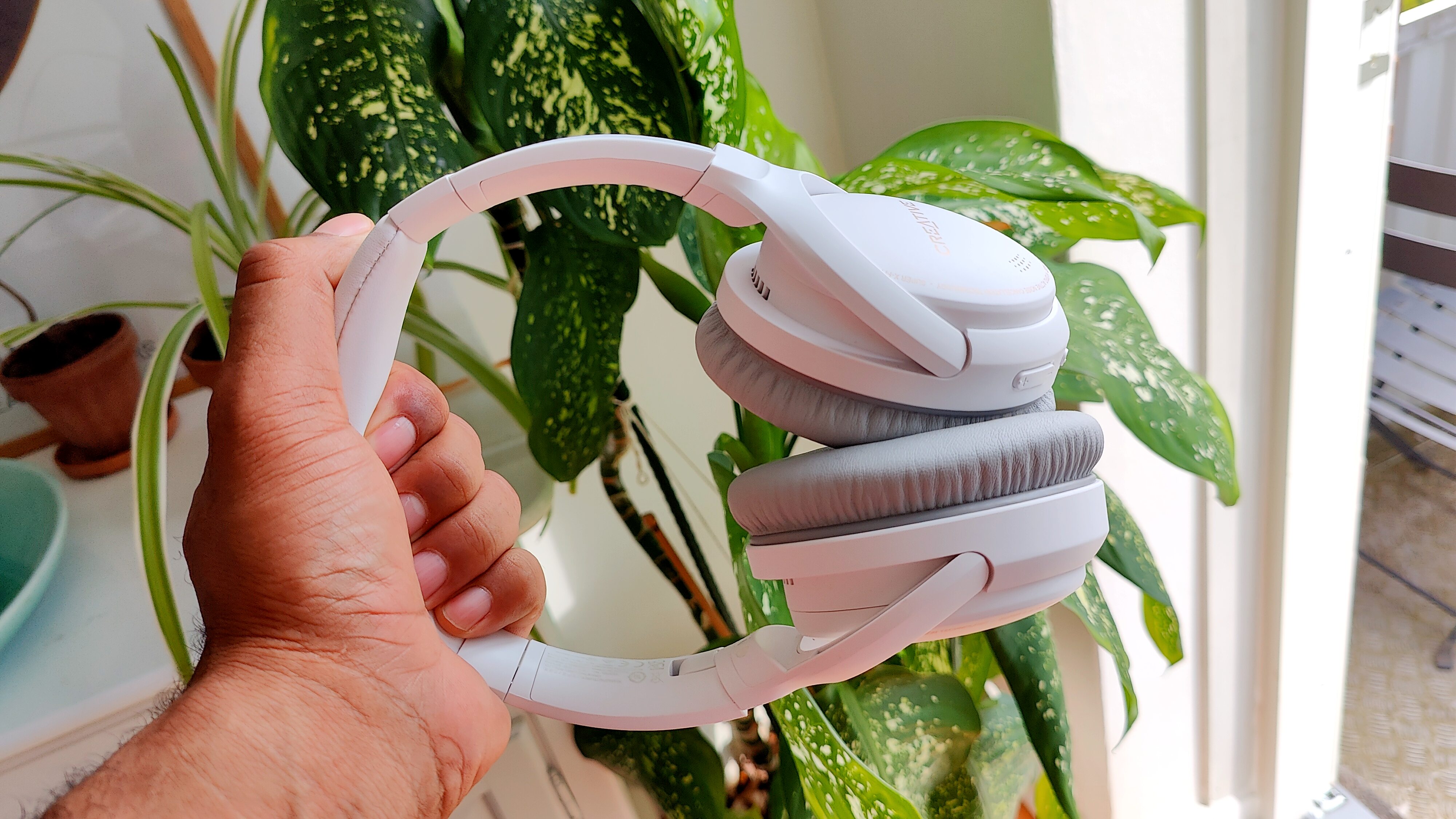 Creative Zen Hybrid holdt i hånden foran en grøn plante indenfor