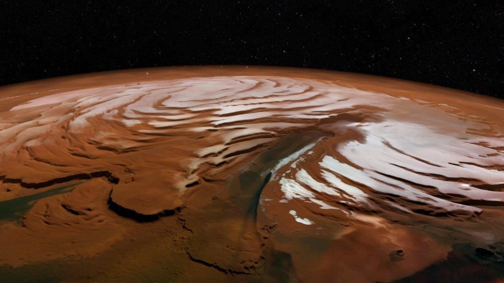 An image of Mars&#039; northern polar ice cap, exaggerated to make the layers thicker and more noticeable.