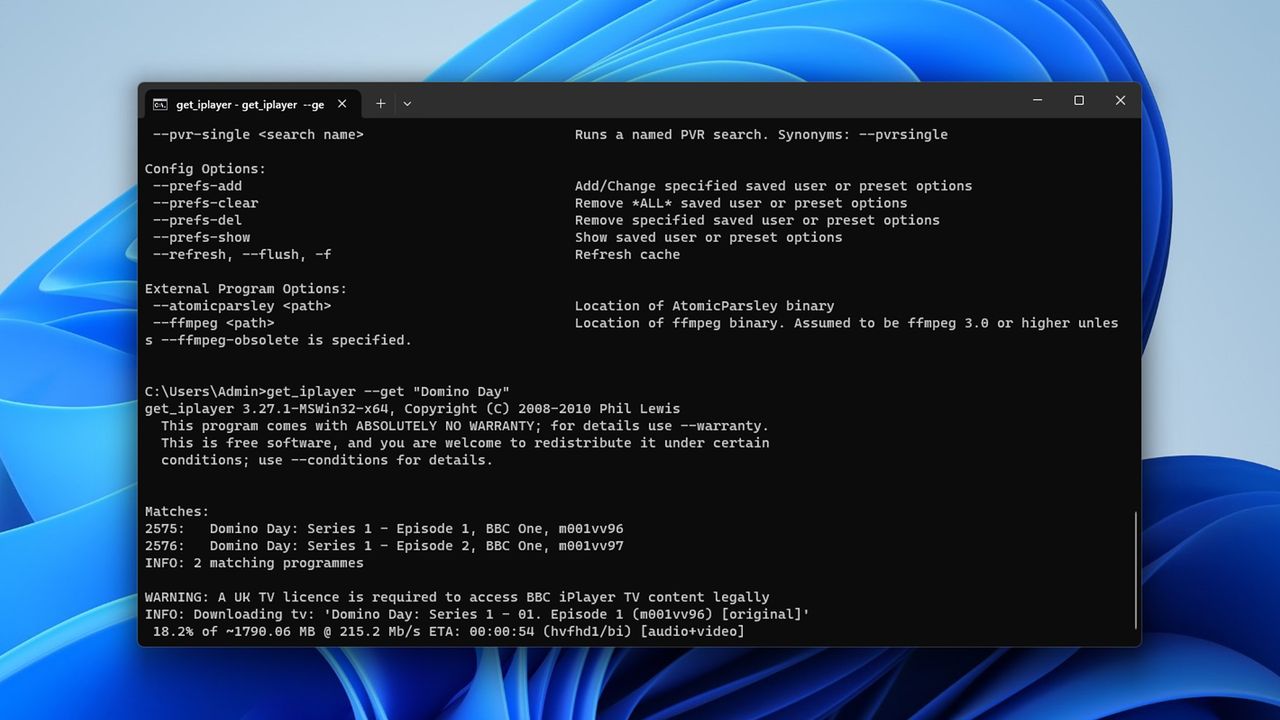 A laptop screen showing the get_iplayer user interface