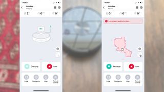Two screenshots of the Ultenic app with the Ultenic D5s Pro Robot Vacuum and Mop blurred in the background