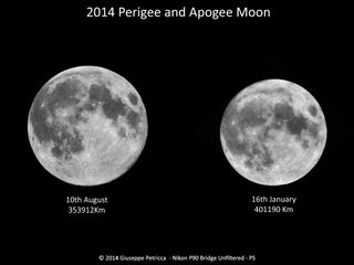 Astrophotographer Giuseppe Petricca of Sulmona, Abruzzo, Italy photographed the biggest full moon of 2014 on Aug. 10, 2014 (a supermoon) and compared it to the smallest full moon of the year on Jan. 16, 2014, in this stunning view.