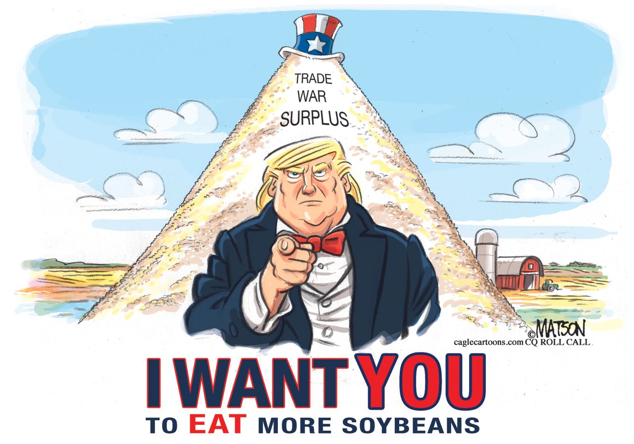 Political Cartoon U.S. Uncle Sam Trump trade tariffs China soybean war