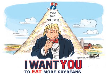 Political Cartoon U.S. Uncle Sam Trump trade tariffs China soybean war