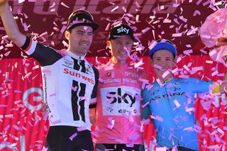2018 Giro d'Italia podium: Team Subweb's Tom Dumoulin (2nd), Team Sky's Chris Froome (1st) Astana's Miguel Angel Lopez (3rd)