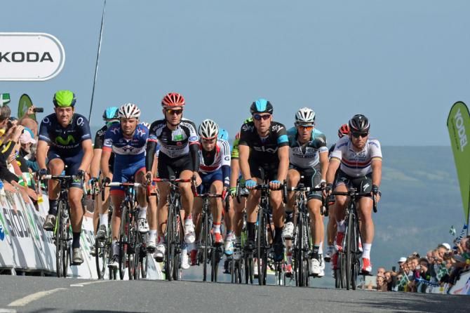 Alex Dowsett (Movistart), Bernhard Eisel (Sky) and Mark Cavendish (Omega Pharma-QuickStep) lead a group in on the Haytor summit finish