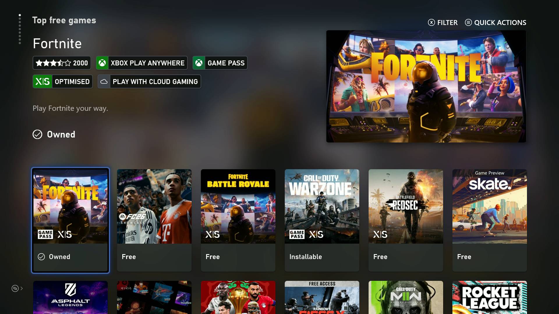 Xbox Series X store app top free games including Fortnite