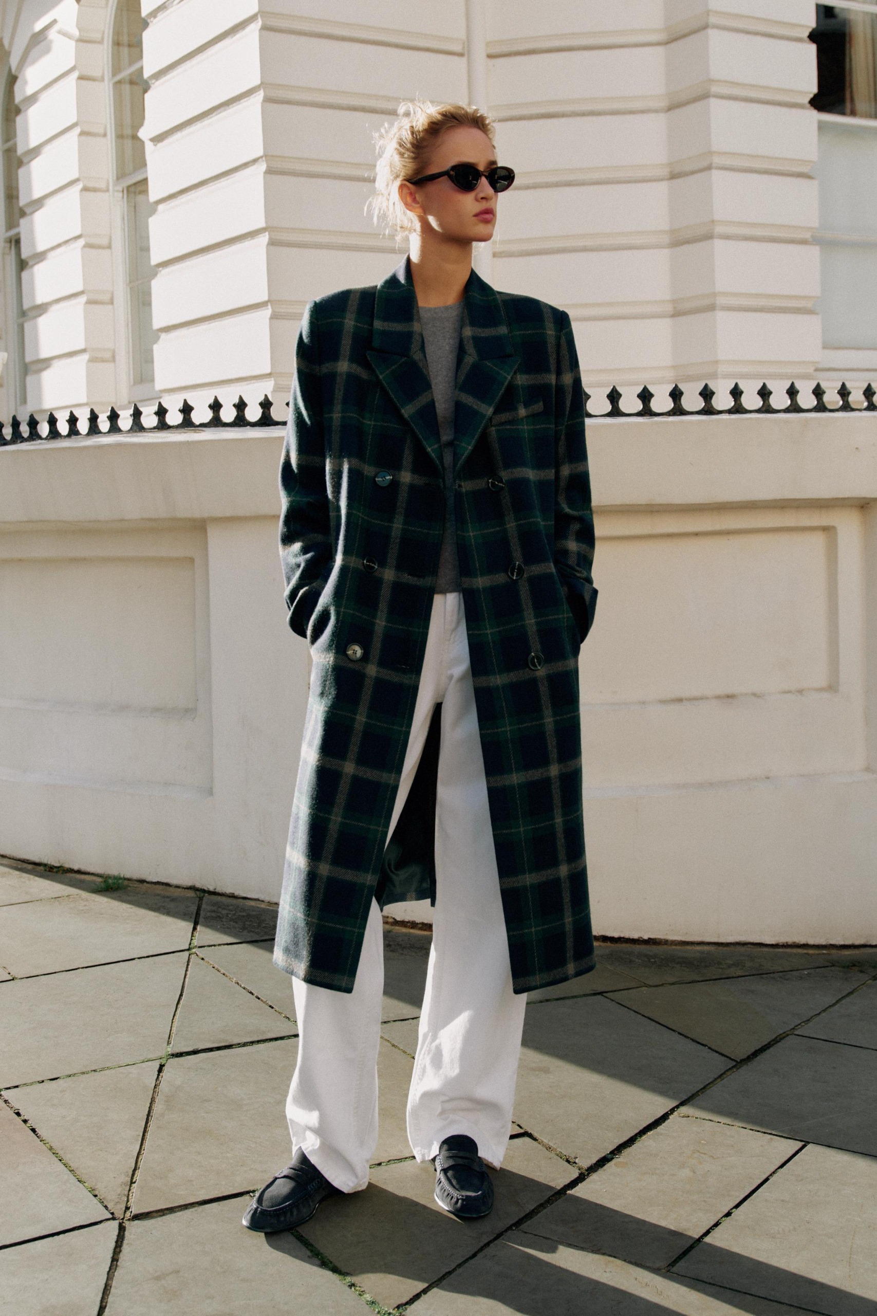 ZARA Long Checked Coat - Green / Blue - Xs
