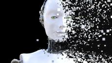 3D rendering of the head of a female robot. The head is breaking apart into pixels or windows. Black background.