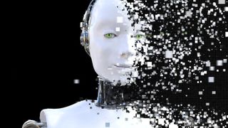 3D rendering of the head of a female robot. The head is breaking apart into pixels or windows. Black background.