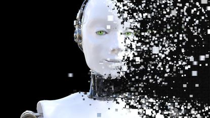 3D rendering of the head of a female robot. The head is breaking apart into pixels or windows. Black background.