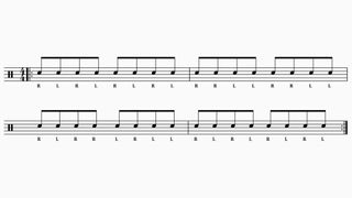 The exercise above shows the single stroke, double stroke and paradiddle played through once, followed by another bar of single strokes at the end, giving you a four-bar practice exercise.