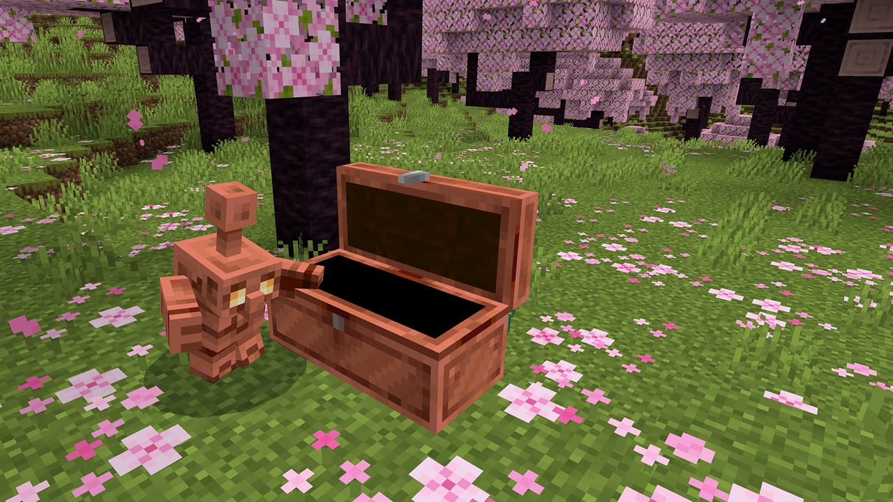 Screenshot of the Copper Golem and other copper features in Minecraft.