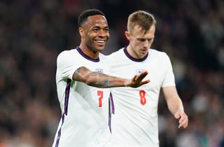 England’s Raheem Sterling celebrates scoring their side’s second goal of the game during the international friendly match at Wembley Stadium, London. Picture date: Tuesday March 29, 2022