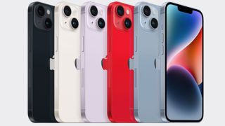 iPhone 14 series lined up next to each other in a series of different colors.