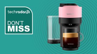 Nespresso Vertuo Pop+ coffee maker on teal background with white text reading 'TechRadar don't miss'