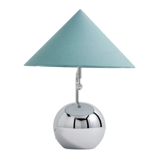 chrome circular table lamp with a triangular shade in light blue