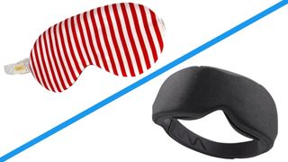The SMUG Satin Sleep Mask and the Aura Smart Sleep Mask on a white background with a blue diagonal line separating the two products. 