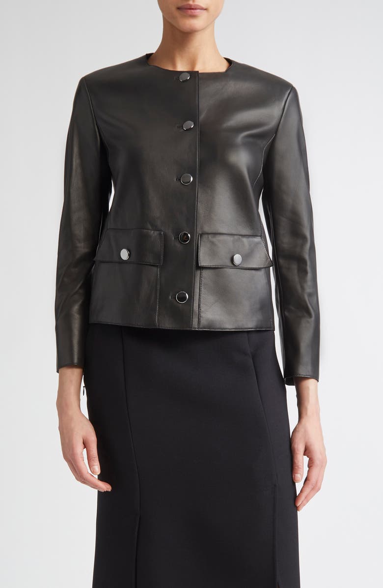 Collarless Lambskin Leather Jacket