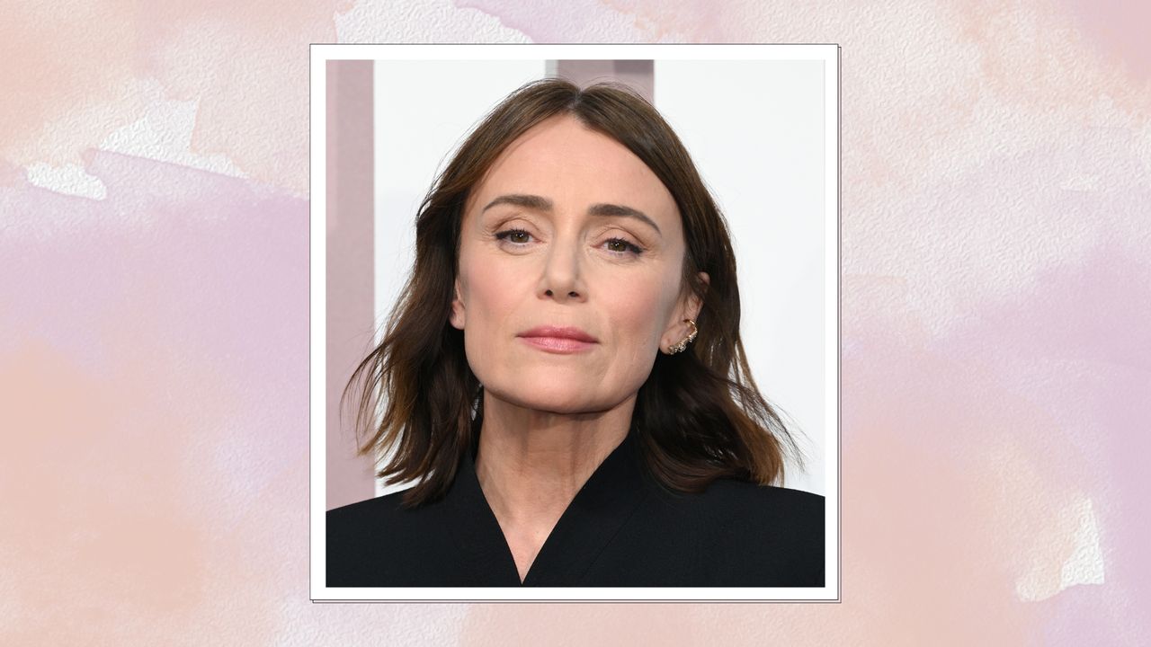 Keeley Hawes is pictured with a wavy bob hairstyle and rosy matte makeup at the world premiere of &quot;Scoop&quot; at The Curzon Mayfair on March 27, 2024 in London, England/ in a peach and purple watercolour paint-style template