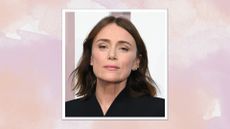 Keeley Hawes is pictured with a wavy bob hairstyle and rosy matte makeup at the world premiere of "Scoop" at The Curzon Mayfair on March 27, 2024 in London, England/ in a peach and purple watercolour paint-style template