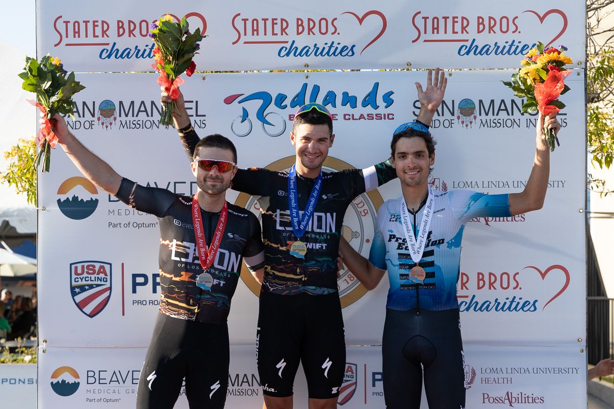 Men's Criterium Podium: Tyler Williams (L39ION of Los Angeles) 1st, Alec Cowan (L39ION of Los Angeles) 2nd , Hugo Scala Jr (Project Echelon Racing) 3rd.