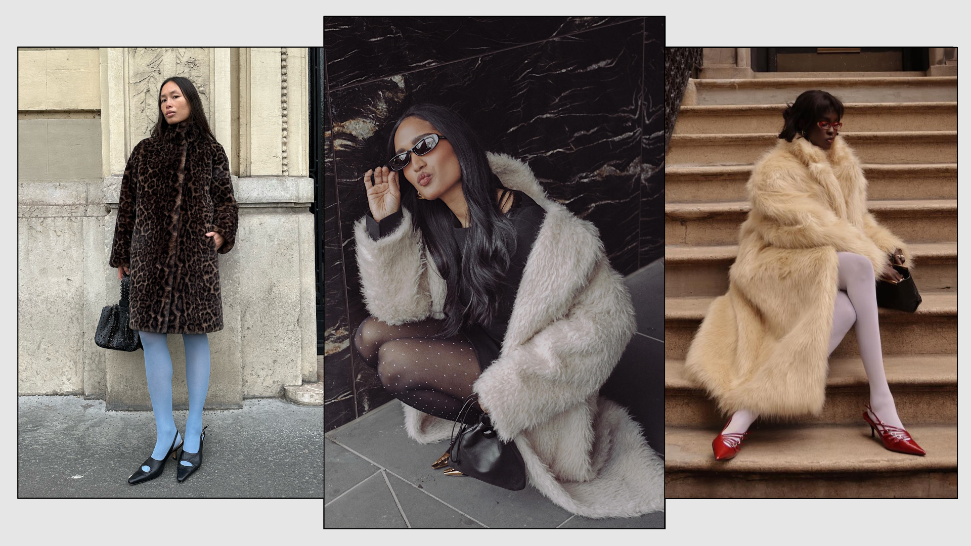 A collage of the key winter tight trends of 2025, including blue, white and polka dots. 