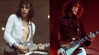 LEFT: English guitarist Jeff Beck performing at a Crystal Palace Garden Party event, Crystal Palace Bowl, London, 1972; RIGHT: Jimmy Page performing live onstage at K.B. Hallen, playing Gibson Les Paul guitar