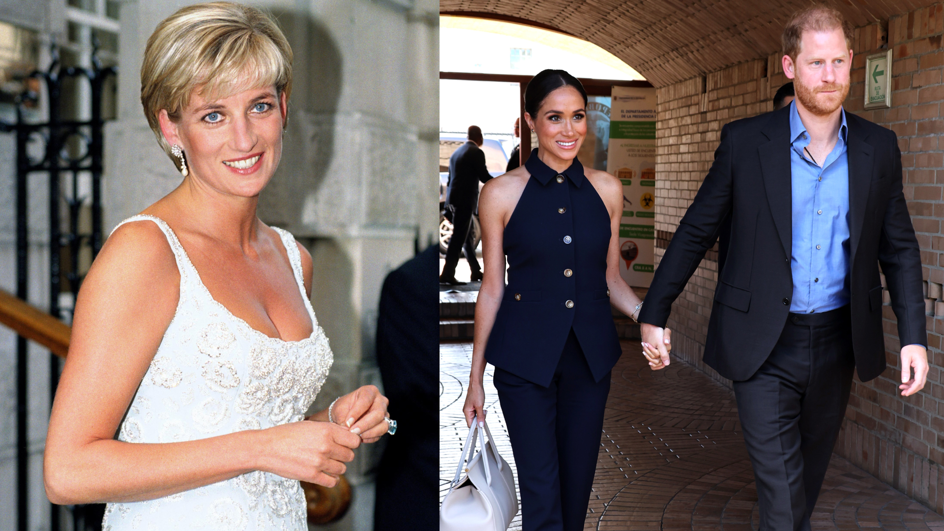 Princess Diana wearing a white plunging dress and smiling next to a photo of Prince Harry and Meghan Markle holding hands in Colombia