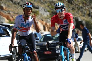 JABAL AL AKHDHAR OMAN FEBRUARY 15 LR Abner Gonzalez Rivera of Puerto Rico and overall final winner Matteo Jorgenson of The United States and Movistar Team Red Leader Jersey celebrate after the 12th Tour of Oman 2023 Stage 5 a 1522km from Samail to Jabal Al Akhdhar 1214m TourofOman on February 15 2023 in Jabal Al Akhdhar Oman Photo by Alex BroadwayGetty Images