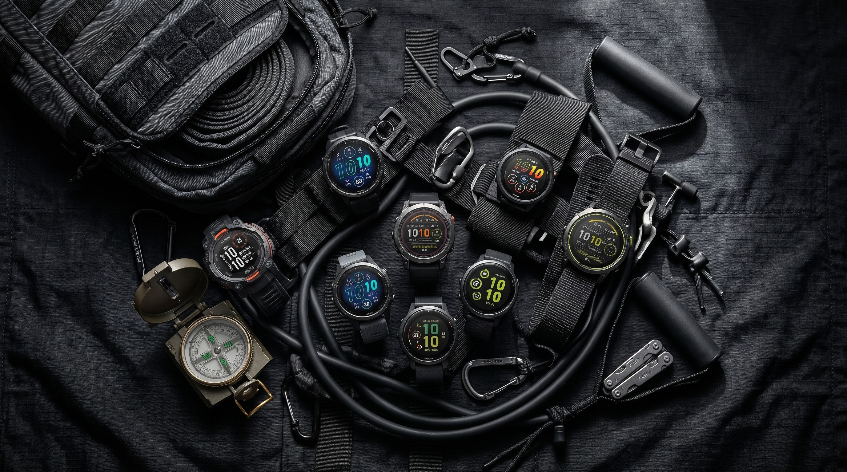 A collage of Garmin smartwatches on a black tarp surrounded by climbing ropes, a compass, and a backpack.