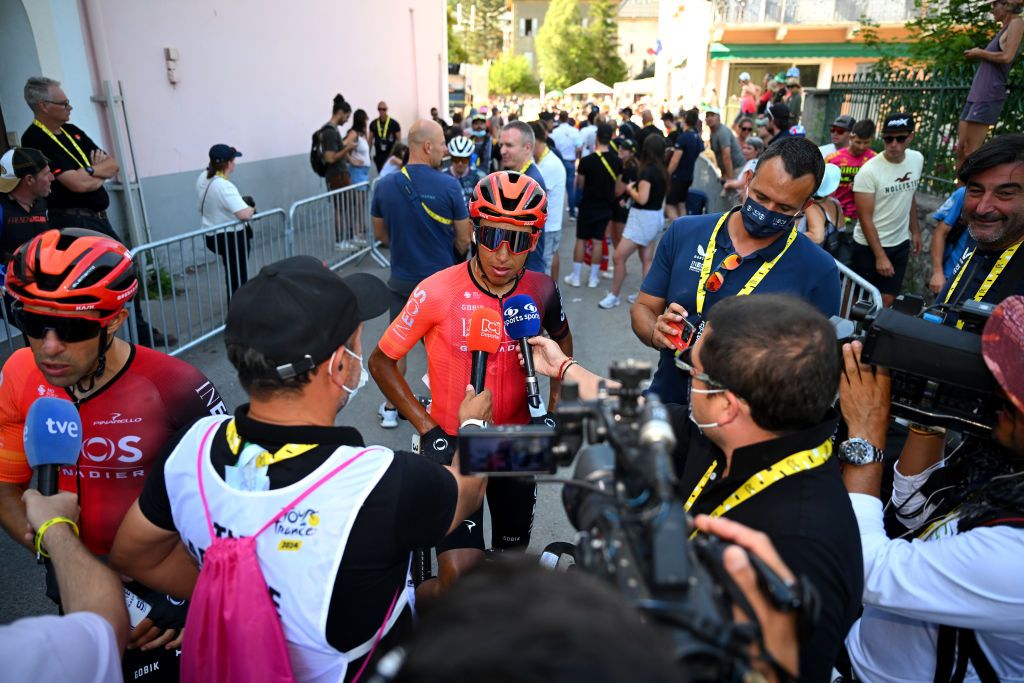 BARCELONNETTE FRANCE JULY 18 Egan Bernal of Colombia and Team INEOS Grenadiers meets the media press after the 111th Tour de France 2024 Stage 18 a 1795km stage from Gap to Barcelonnette 1134m UCIWT on July 18 2024 in Barcelonnette France Photo by Dario BelingheriGetty Images