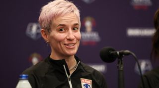 SAN DIEGO, CALIFORNIA - NOVEMBER 10: Megan Rapinoe #15 of OL Reign speaks at a press conference ahead of the NWSL Championship at Snapdragon Stadium on November 10, 2023 in San Diego, California. (Photo by Meg Oliphant/Getty Images)