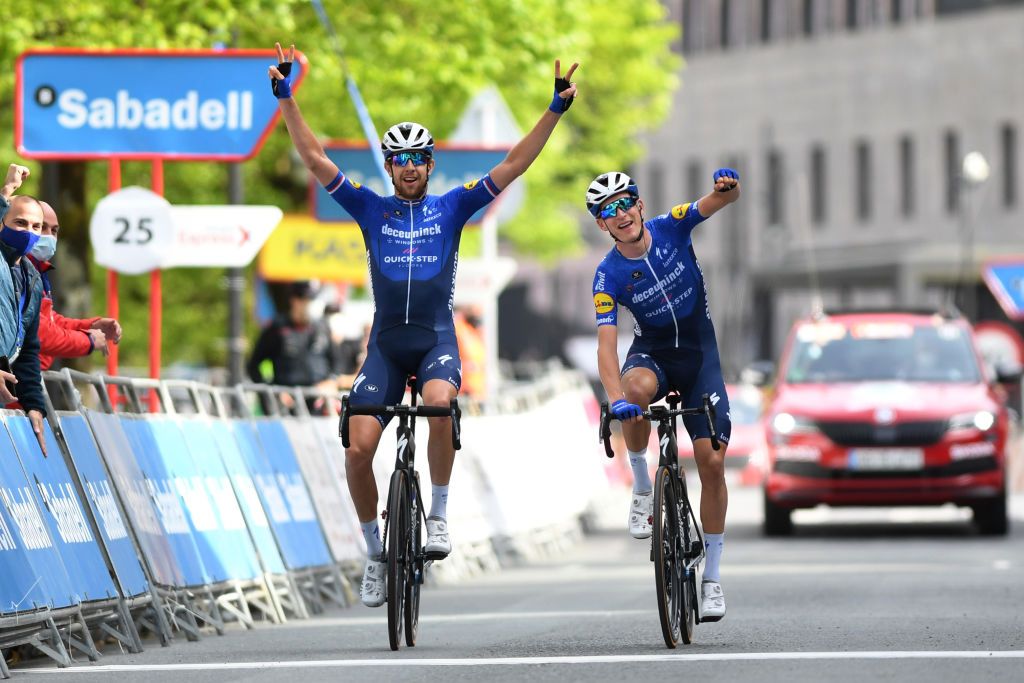 ONDARROA SPAIN APRIL 09 Arrival Josef Cerny of Czech Republic Mikkel Honor of Denmark and Team Deceuninck QuickStep Celebration during the 60th ItzuliaVuelta Ciclista Pais Vasco 2021 Stage 5 a 1602km stage from Hondarribia to Ondarroa Breakaway itzulia ehitzulia on April 09 2021 in Ondarroa Spain Photo by David RamosGetty Images