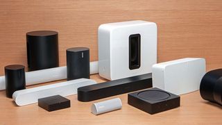 A selection of Sonos sound equipment including speakers and soundbars.