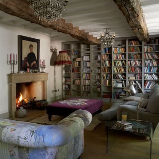 living room with wooden flooring and book shelf
