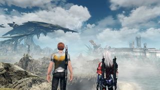 Two Xenoblade characters stand looking out at a grand vista