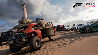 Official screenshot of Forza Horizon 5 depicting a group of various cars and drivers