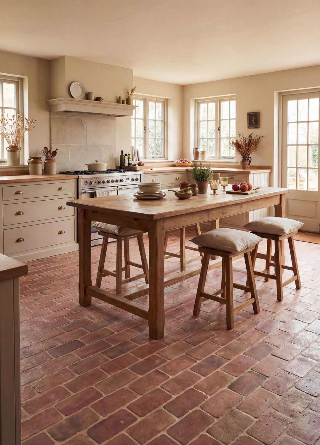 farmhouse kitchen with brick flooring and wooden kitchen table