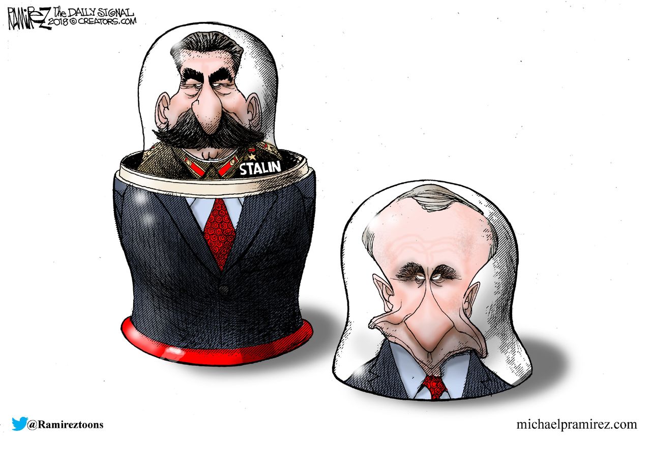 Political cartoon World Russia nesting dolls Putin Stalin election Russia