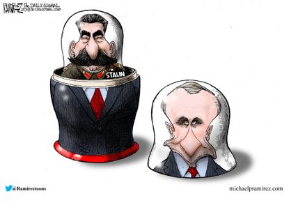 Political cartoon World Russia nesting dolls Putin Stalin election Russia