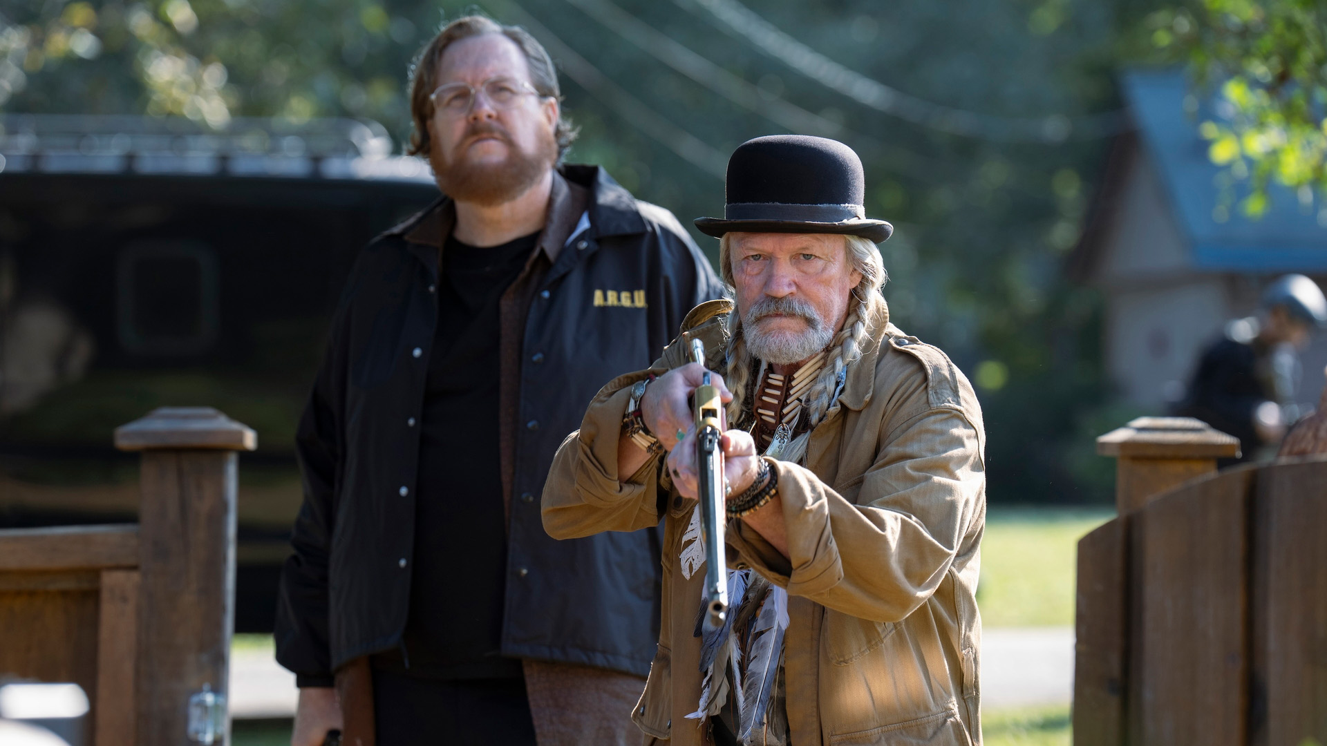 Steve Agee as John Economos and Michael Rooker as Red St Wild in Peacemaker season 2, episode 4.