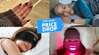 A collage of photos of sleep gadgets. A woman's hand with red nails wearing silver Oura Ring 3 on index finger (top left). A woman with grey hair and blue top sleeping on side wearing Apple watch 10 (top right). A woman wearing LED face mask laying on white pillow (bottom right). A woman with brown hair sleeping with Musicozy sleep mask headband (bottom left). Tom's Guide price drop logo in center 