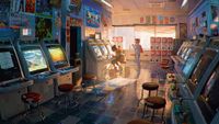 Concept art showing a retro gaming arcade made by Concept Art Awards winner JDR