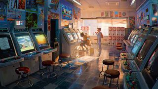 Concept art showing a retro gaming arcade made by Concept Art Awards winner JDR