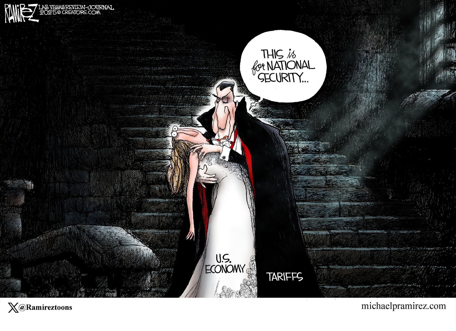 
                                This political cartoon is drawn in a darkly comic style. A vampire labeled tariffs is dressed all in black and is about to bite  into a frightened woman in white labeled “U.S. Economy” The vampire says, “This is for national security.”
                            