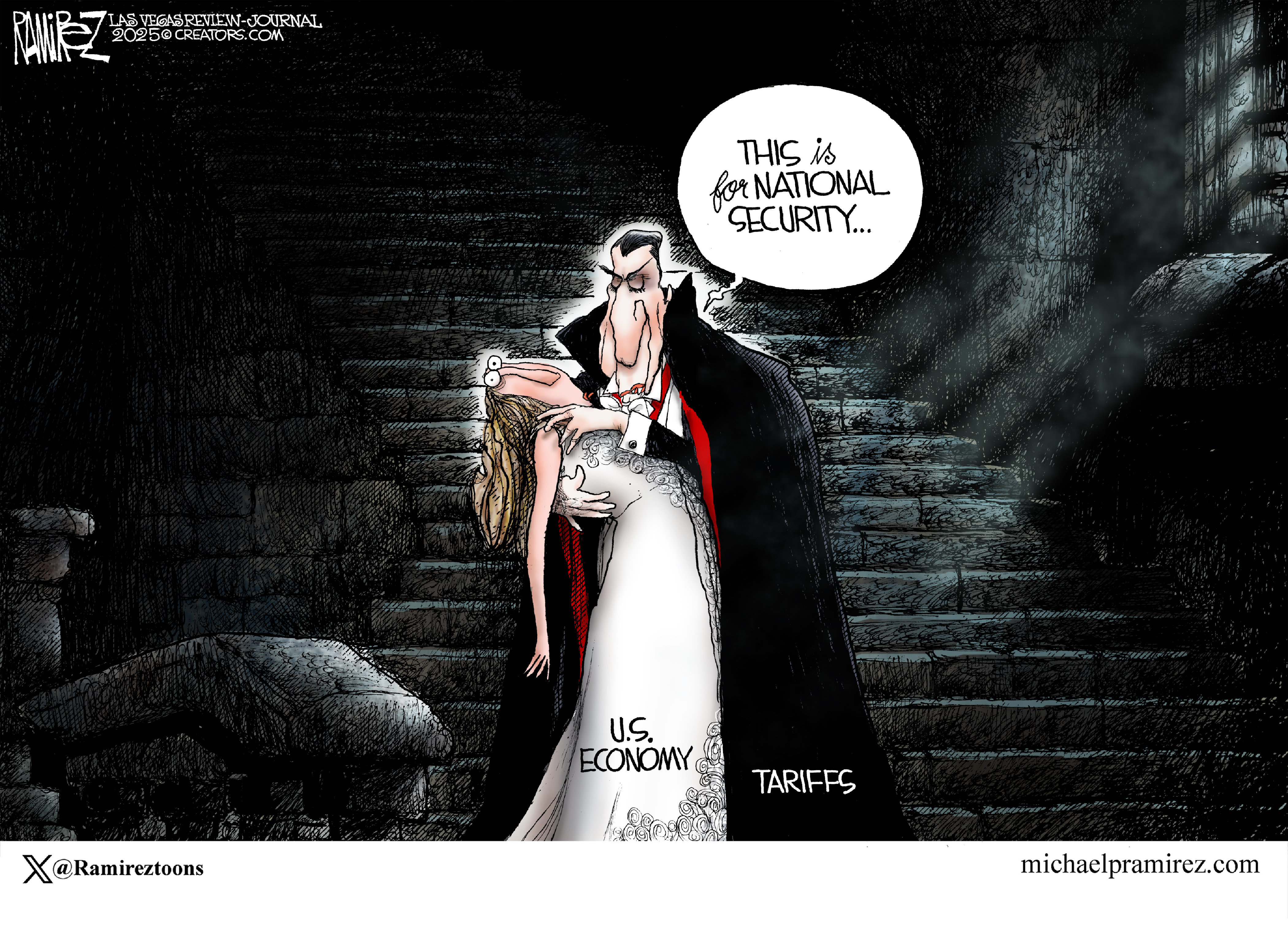 This political cartoon is drawn in a darkly comic style. A vampire labeled tariffs is dressed all in black and is about to bite into a frightened woman in white labeled &amp;ldquo;U.S. Economy&amp;rdquo; The vampire says, &amp;ldquo;This is for national security.&amp;rdquo;