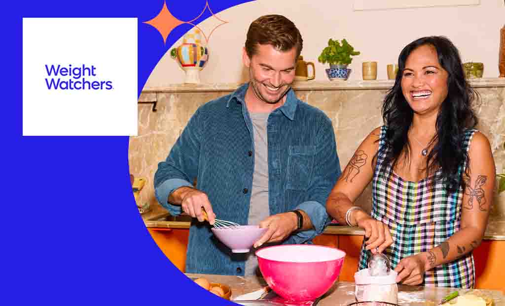 Weight Watchers logo placed over two people mixing food