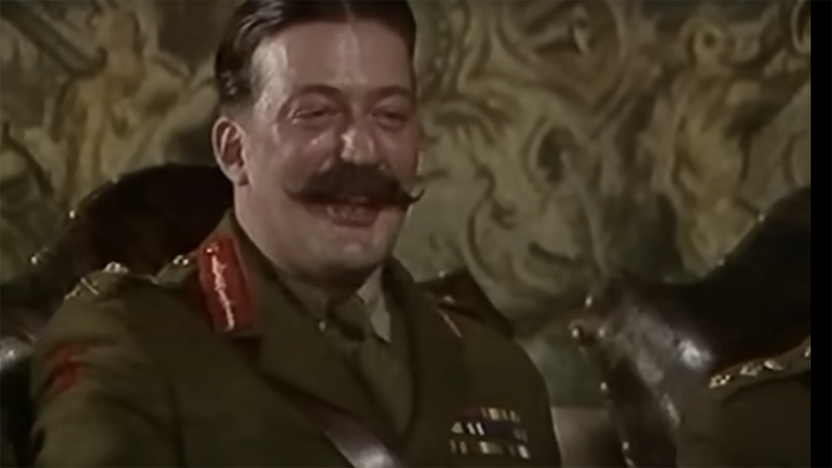 Blackadder&#039;s Stephen Fry laughing as General Melchett