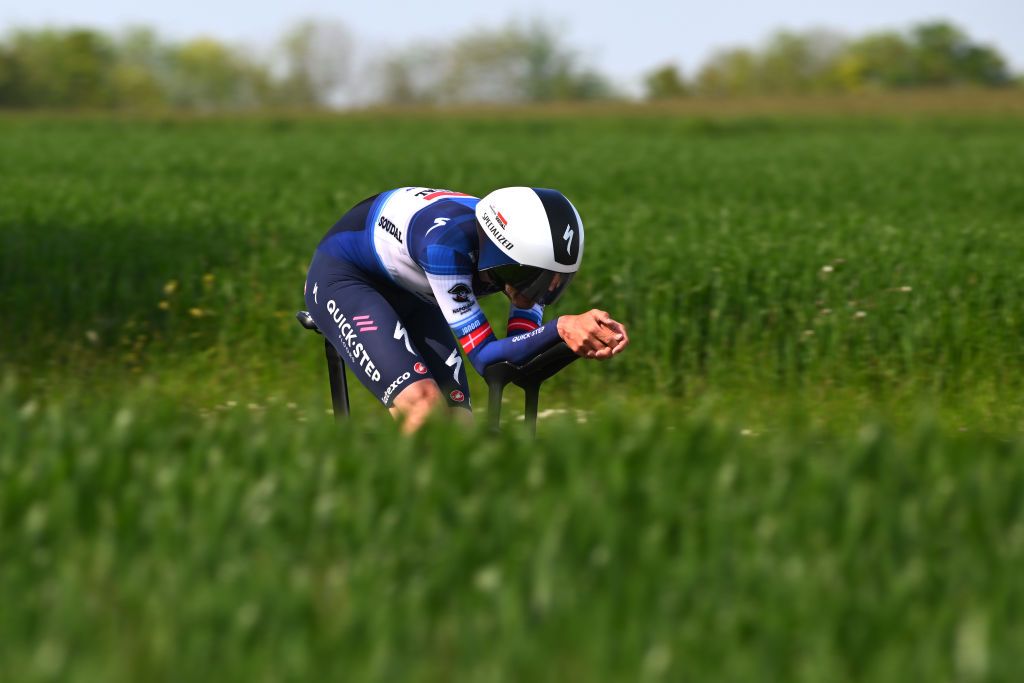 ST QUENTIN FRANCE MAY 18 Kasper Asgreen of Denmark and Team SoudalQuick Step sprints during the 67th 4 Jours de Dunkerque Grand Prix des Hauts de France 2023 Stage 3 a 159km Individual time trial in SaintQuentin on May 18 2023 in St Quentin France Photo by Luc ClaessenGetty Images